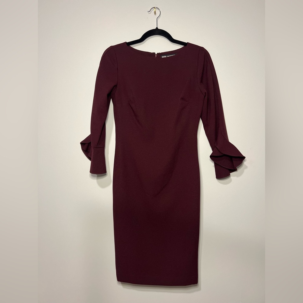 Karl Lagerfeld Burgundy Dress with Ruffle/Bell 3/4 Length Sleeves